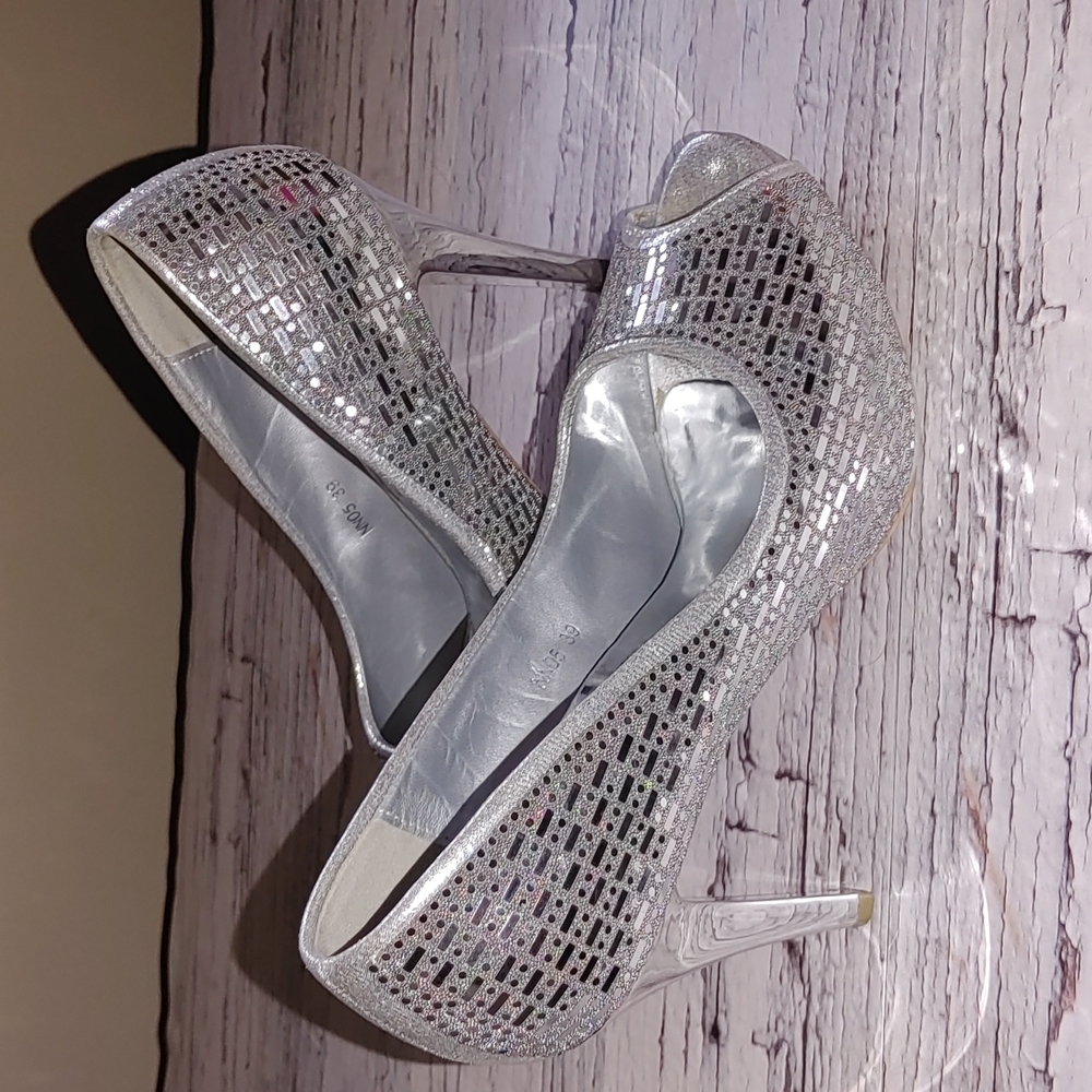 Nobleez silver pattern wedding high heel needle shoes size 8 - Picture 2 of 16